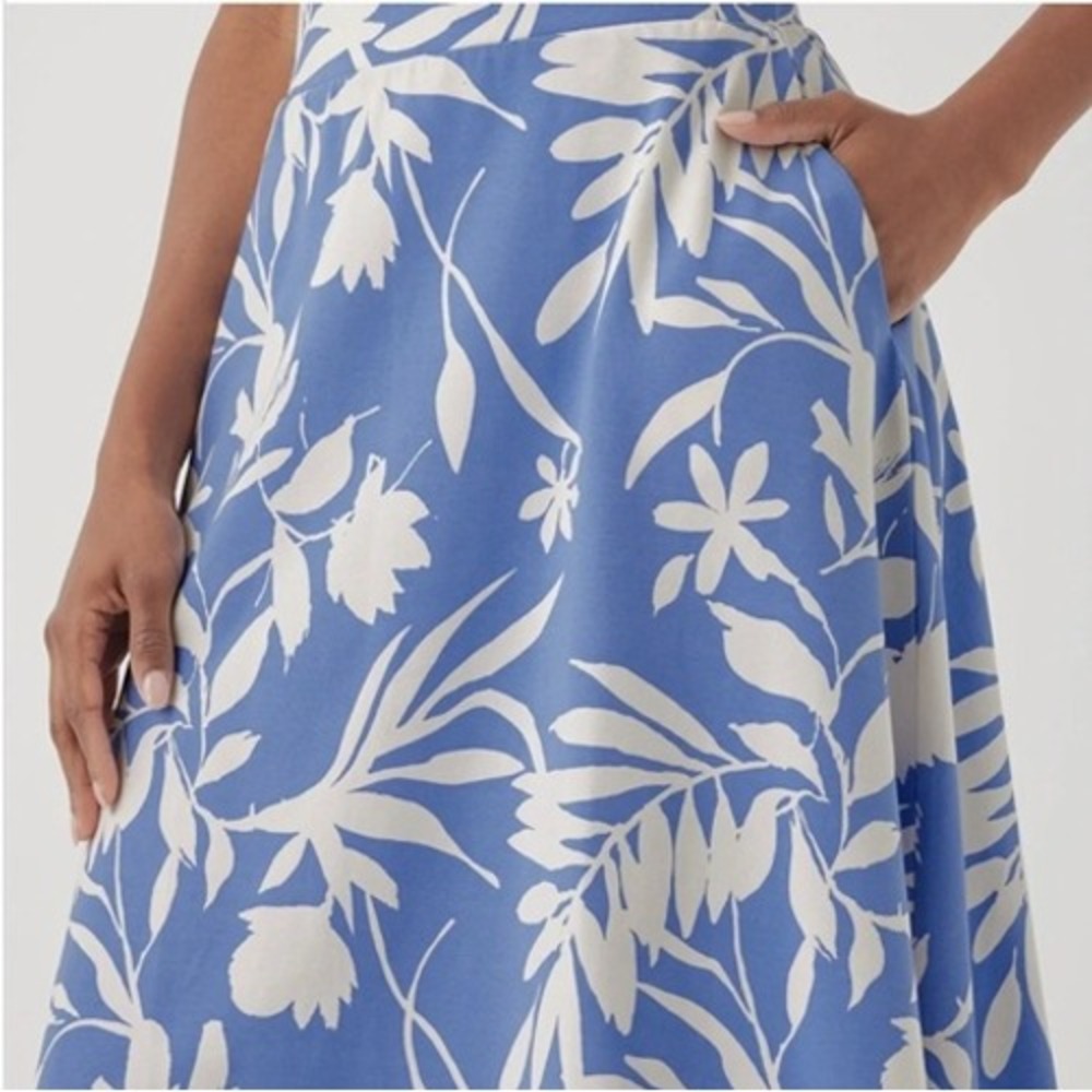 Pact Organic Cotton Floral Midi Skirt Blue Cream Tropical Pockets Size M - Picture 3 of 11